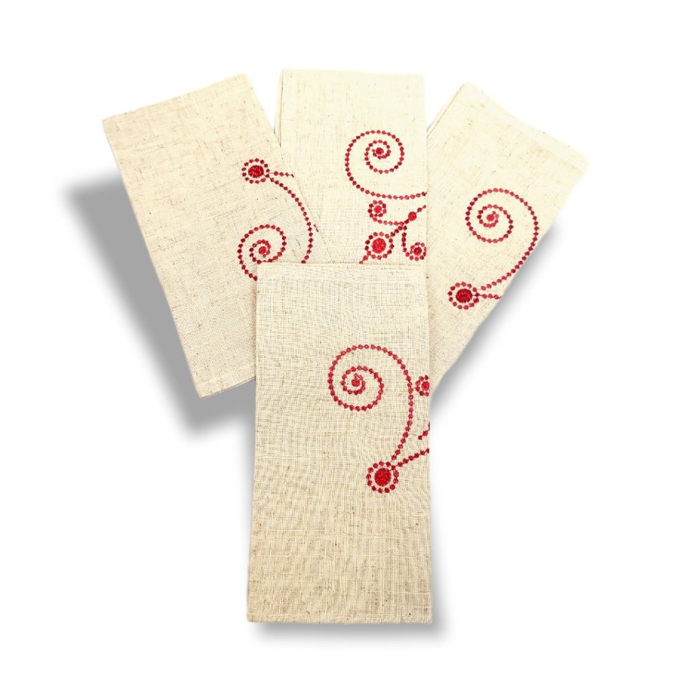 Cloth Napkins Set (4) Vintage Cotton Blend Cambria Weave Beige Red Embro…